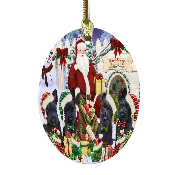 Happy Holidays Christmas Scottish Terriers Dog House Gathering Oval Glass Christmas Ornament OGOR49724