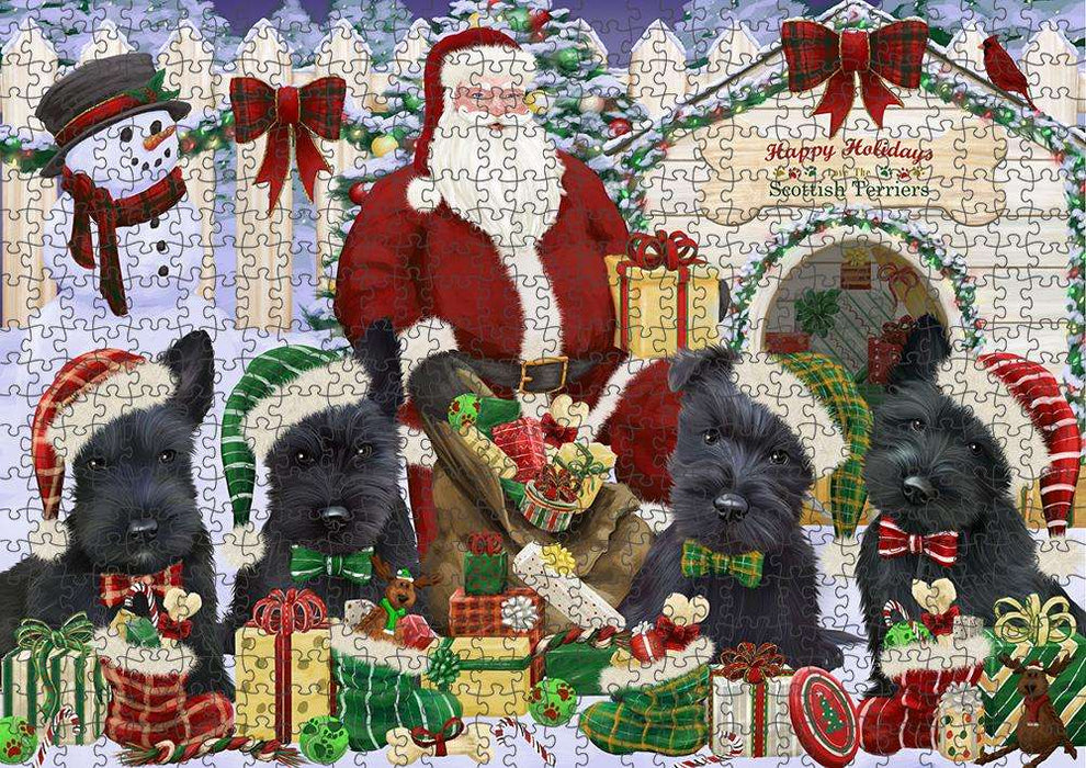 Happy Holidays Christmas Scottish Terriers Dog House Gathering Puzzle with Photo Tin PUZL58476