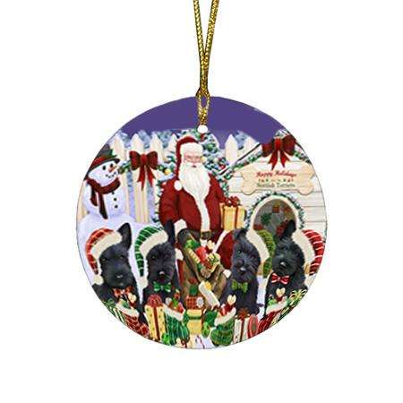 Happy Holidays Christmas Scottish Terriers Dog House Gathering Round Flat Christmas Ornament RFPOR51454