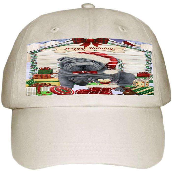 Happy Holidays Christmas Shar Pei Dog House with Presents Ball Hat Cap HAT58230