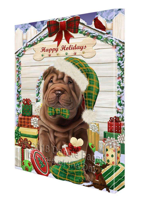 Happy Holidays Christmas Shar Pei Dog House with Presents Canvas Print Wall Art Décor CVS80729