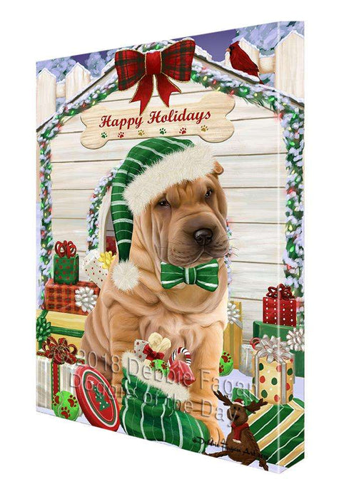 Happy Holidays Christmas Shar Pei Dog House with Presents Canvas Print Wall Art Décor CVS80738