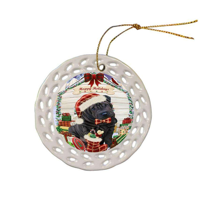 Happy Holidays Christmas Shar Pei Dog House With Presents Ceramic Doily Ornament DPOR51498