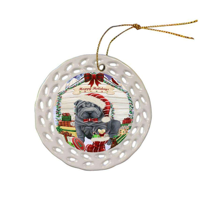 Happy Holidays Christmas Shar Pei Dog House With Presents Ceramic Doily Ornament DPOR51499