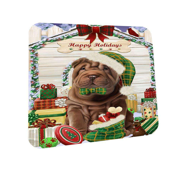 Happy Holidays Christmas Shar Pei Dog House With Presents Coasters Set of 4 CST51455