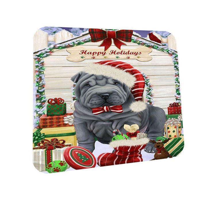 Happy Holidays Christmas Shar Pei Dog House With Presents Coasters Set of 4 CST51458