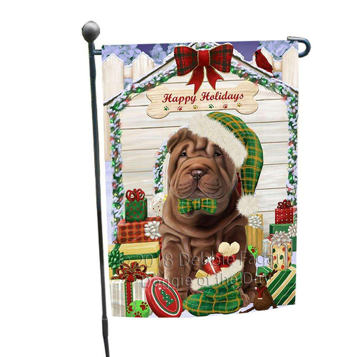 Happy Holidays Christmas Shar Pei Dog House With Presents Garden Flag GFLG51493