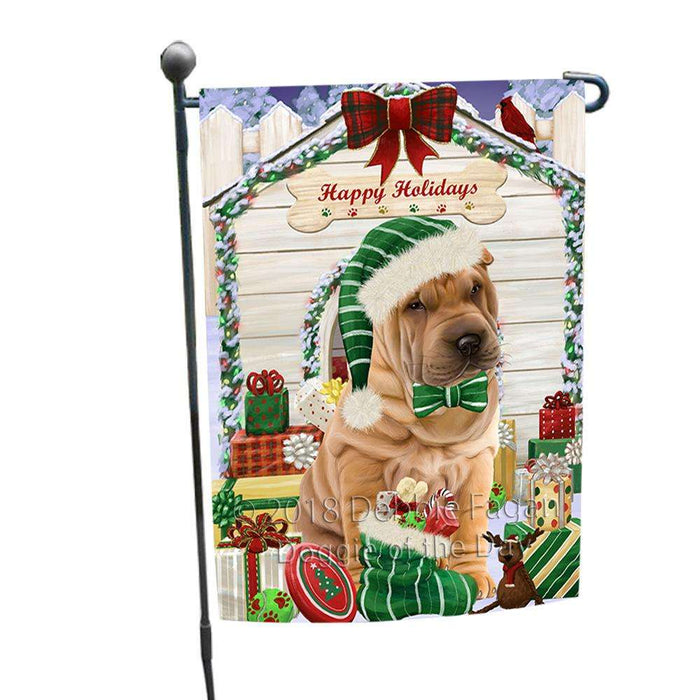 Happy Holidays Christmas Shar Pei Dog House With Presents Garden Flag GFLG51494