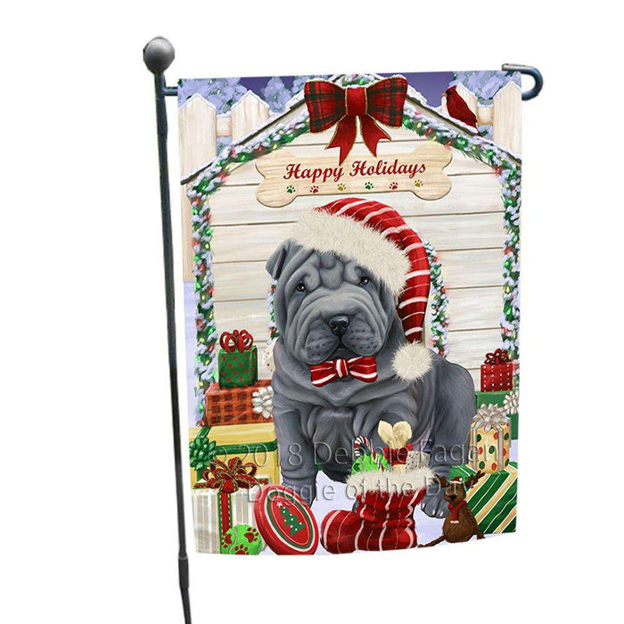Happy Holidays Christmas Shar Pei Dog House With Presents Garden Flag GFLG51496