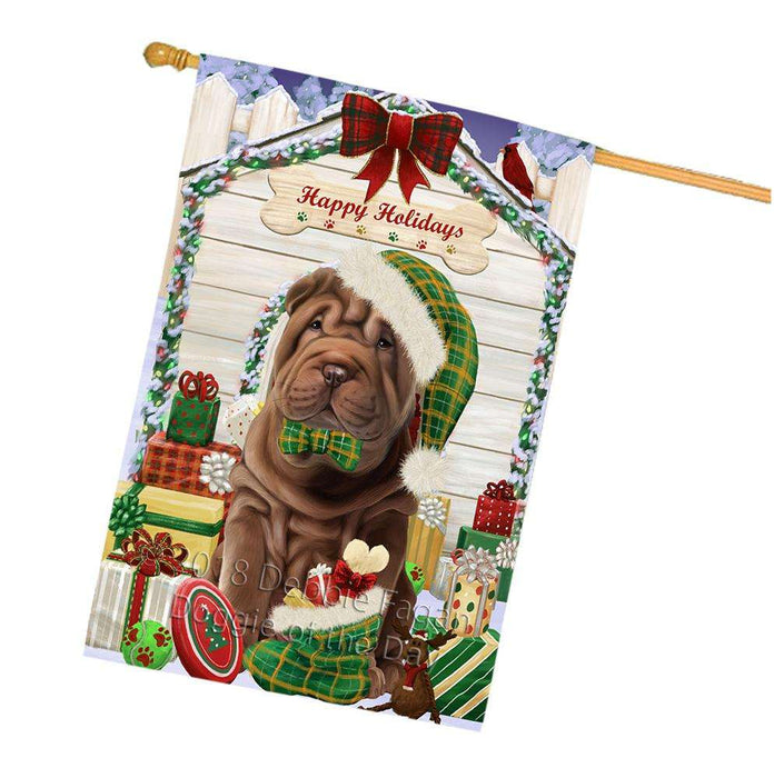 Happy Holidays Christmas Shar Pei Dog House With Presents House Flag FLG51629