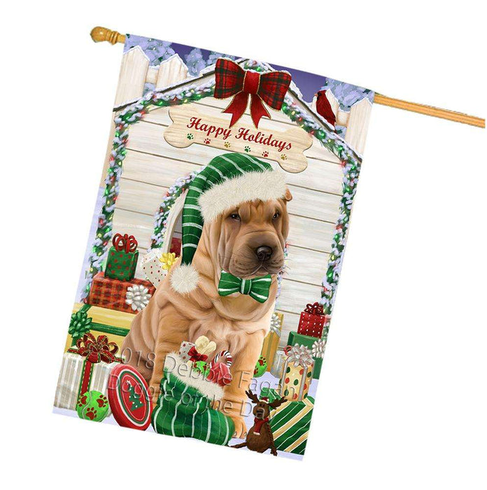 Happy Holidays Christmas Shar Pei Dog House With Presents House Flag FLG51630