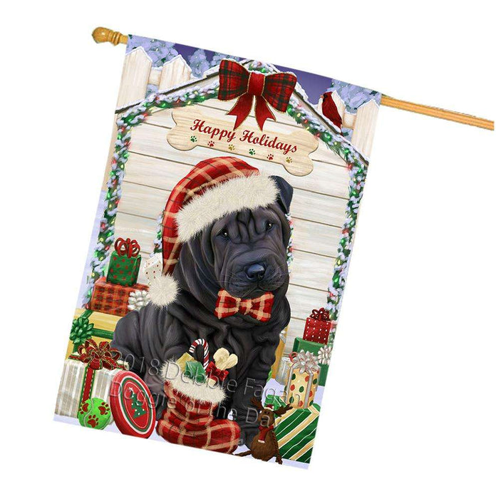Happy Holidays Christmas Shar Pei Dog House With Presents House Flag FLG51631