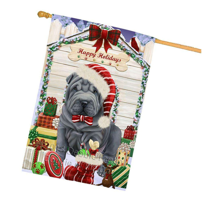 Happy Holidays Christmas Shar Pei Dog House With Presents House Flag FLG51632