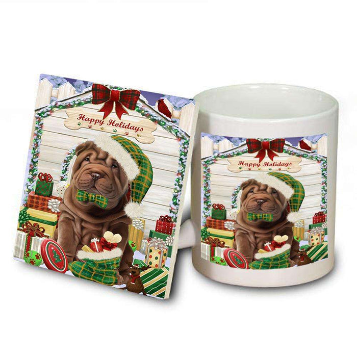 Happy Holidays Christmas Shar Pei Dog House With Presents Mug and Coaster Set MUC51488