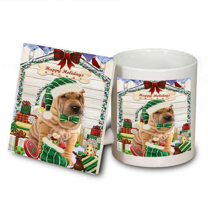 Happy Holidays Christmas Shar Pei Dog House With Presents Mug and Coaster Set MUC51489