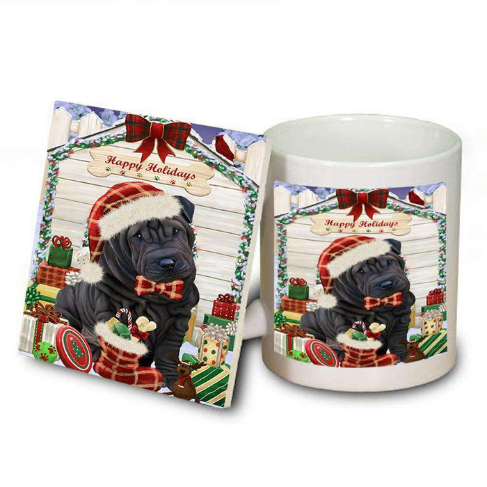 Happy Holidays Christmas Shar Pei Dog House With Presents Mug and Coaster Set MUC51490