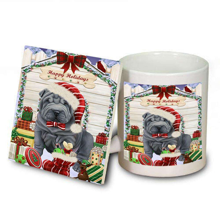 Happy Holidays Christmas Shar Pei Dog House With Presents Mug and Coaster Set MUC51491
