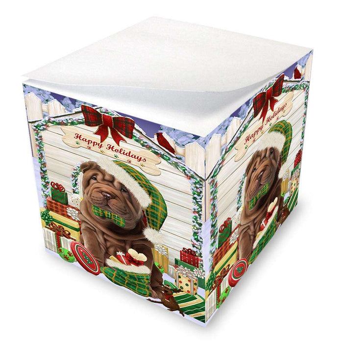 Happy Holidays Christmas Shar Pei Dog House With Presents Note Cube NOC51496