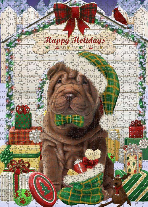 Happy Holidays Christmas Shar Pei Dog House with Presents Puzzle with Photo Tin PUZL58575