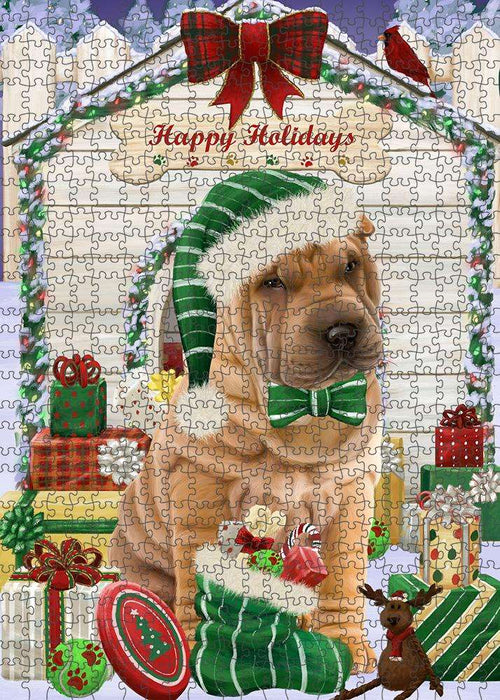 Happy Holidays Christmas Shar Pei Dog House with Presents Puzzle with Photo Tin PUZL58578