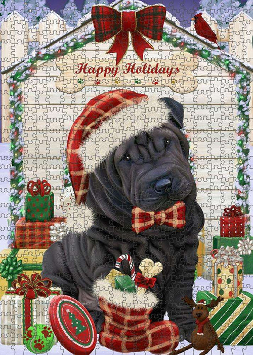 Happy Holidays Christmas Shar Pei Dog House with Presents Puzzle with Photo Tin PUZL58581
