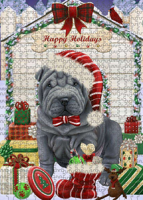 Happy Holidays Christmas Shar Pei Dog House with Presents Puzzle with Photo Tin PUZL58584