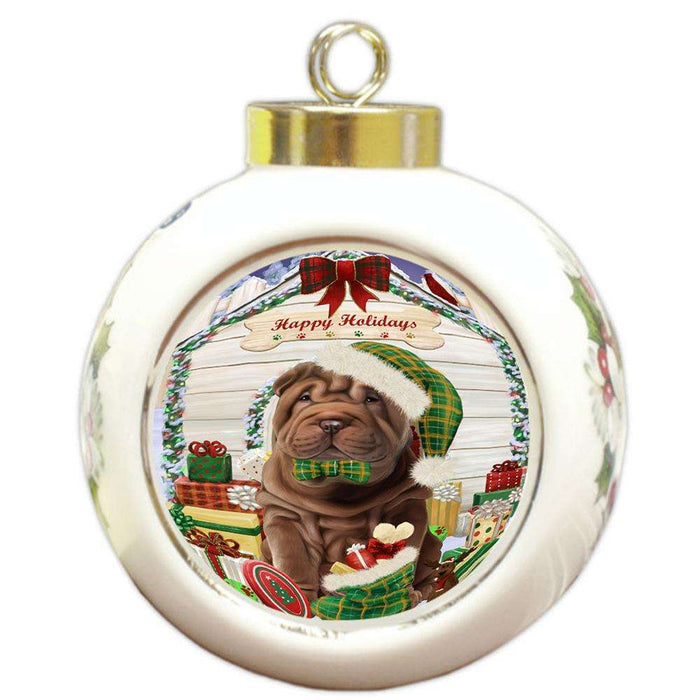 Happy Holidays Christmas Shar Pei Dog House With Presents Round Ball Christmas Ornament RBPOR51496