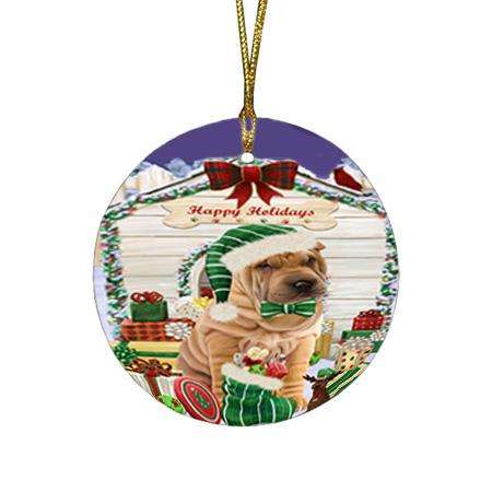 Happy Holidays Christmas Shar Pei Dog House With Presents Round Flat Christmas Ornament RFPOR51488