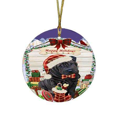 Happy Holidays Christmas Shar Pei Dog House With Presents Round Flat Christmas Ornament RFPOR51489