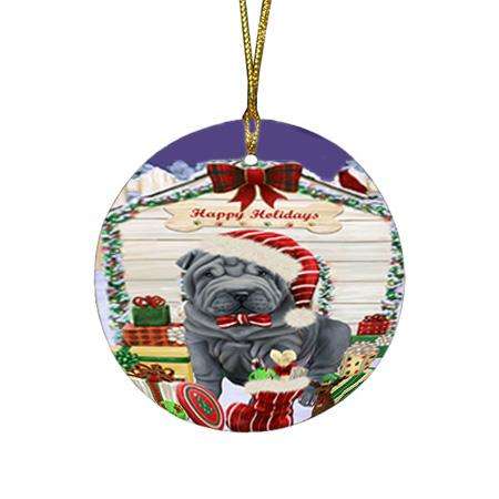 Happy Holidays Christmas Shar Pei Dog House With Presents Round Flat Christmas Ornament RFPOR51490