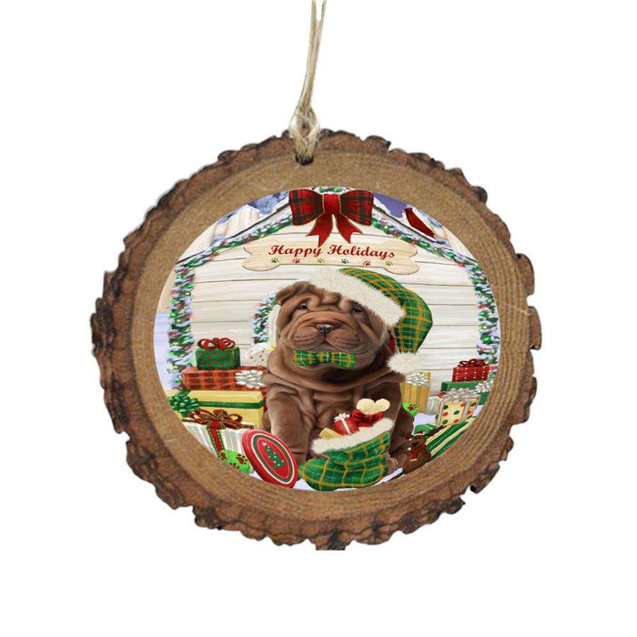 Happy Holidays Christmas Shar Pei House With Presents Wooden Christmas Ornament WOR49954
