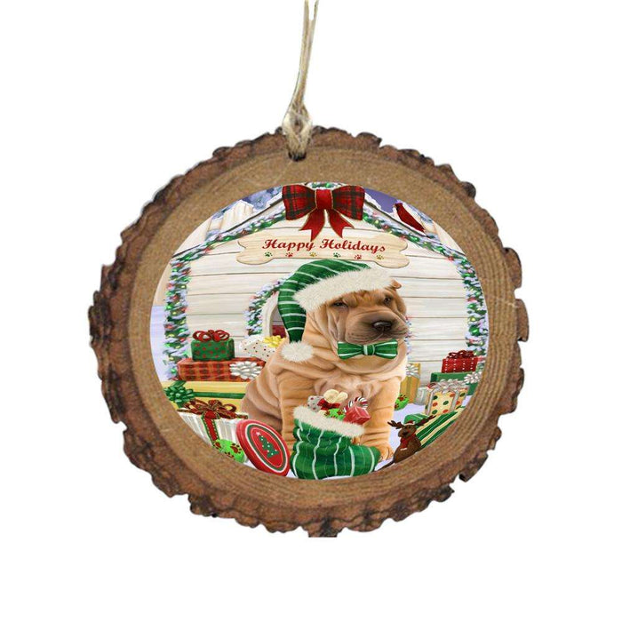 Happy Holidays Christmas Shar Pei House With Presents Wooden Christmas Ornament WOR49955