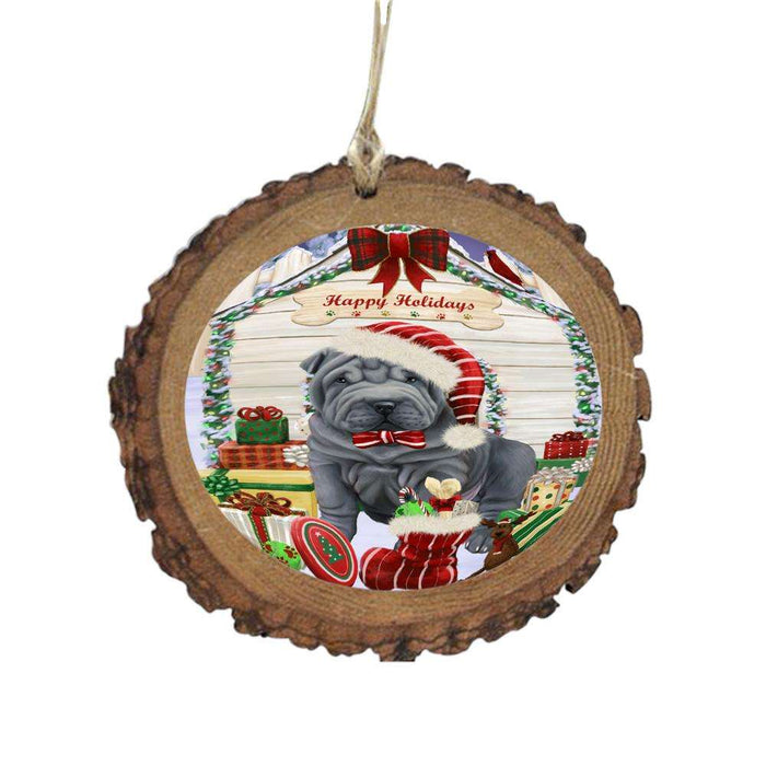Happy Holidays Christmas Shar Pei House With Presents Wooden Christmas Ornament WOR49957