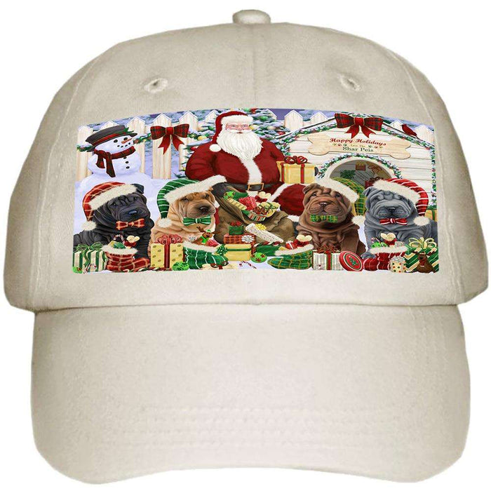 Happy Holidays Christmas Shar Peis Dog House Gathering Ball Hat Cap HAT58125