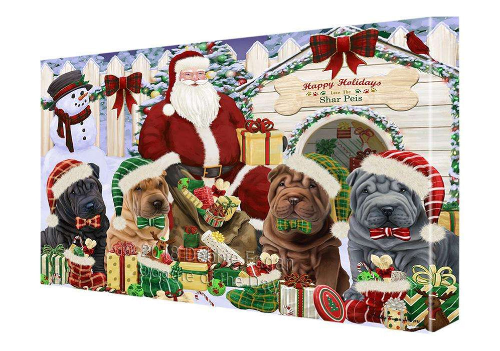 Happy Holidays Christmas Shar Peis Dog House Gathering Canvas Print Wall Art Décor CVS80441