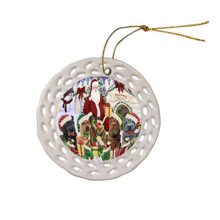 Happy Holidays Christmas Shar Peis Dog House Gathering Ceramic Doily Ornament DPOR51464