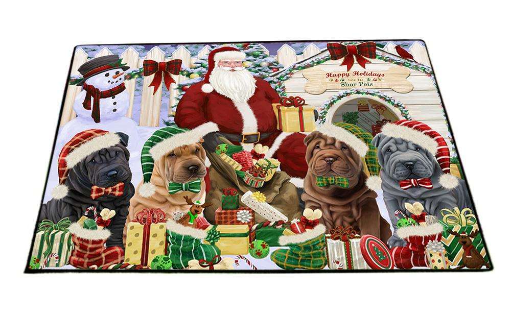 Happy Holidays Christmas Shar Peis Dog House Gathering Floormat FLMS51147