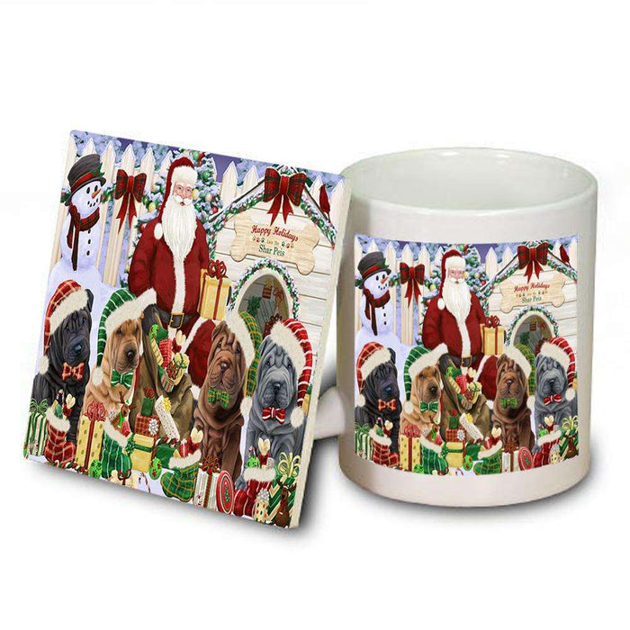 Happy Holidays Christmas Shar Peis Dog House Gathering Mug and Coaster Set MUC51456