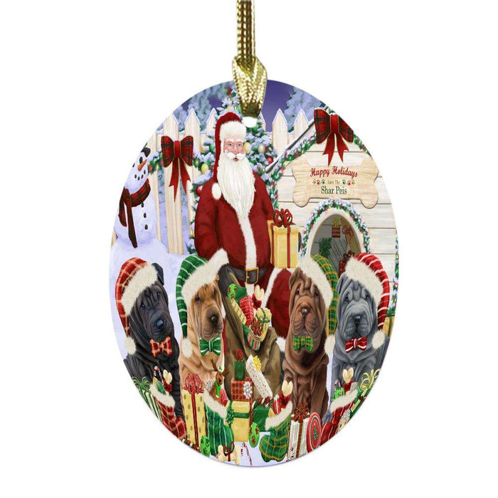 Happy Holidays Christmas Shar Peis Dog House Gathering Oval Glass Christmas Ornament OGOR49725