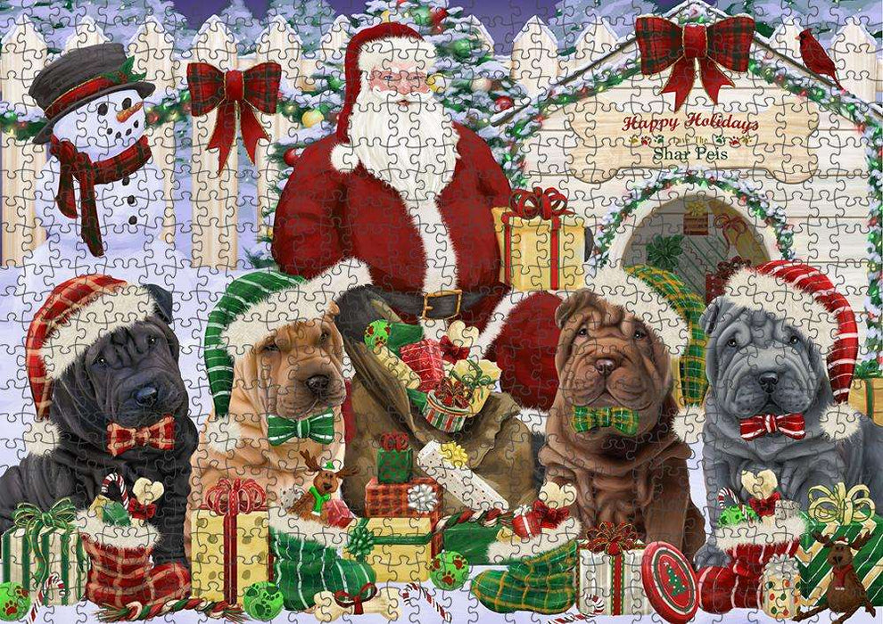 Happy Holidays Christmas Shar Peis Dog House Gathering Puzzle with Photo Tin PUZL58479
