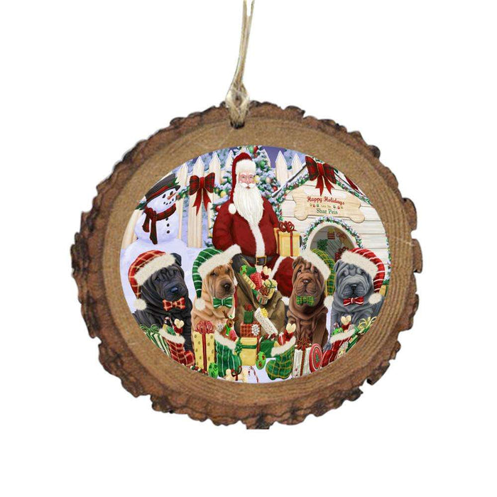 Happy Holidays Christmas Shar Peis Dog House Gathering Wooden Christmas Ornament WOR49725
