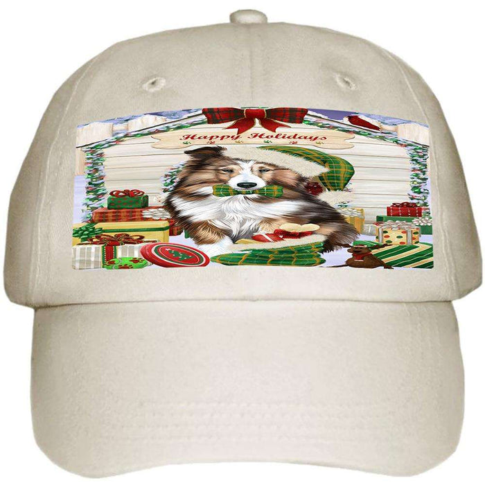 Happy Holidays Christmas Shetland Sheepdog House with Presents Ball Hat Cap HAT58233