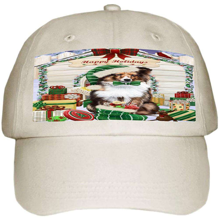Happy Holidays Christmas Shetland Sheepdog House with Presents Ball Hat Cap HAT58236