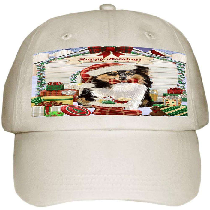 Happy Holidays Christmas Shetland Sheepdog House with Presents Ball Hat Cap HAT58239