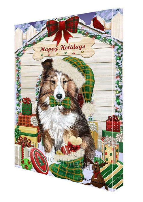 Happy Holidays Christmas Shetland Sheepdog House with Presents Canvas Print Wall Art Décor CVS80765