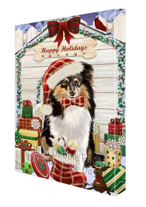 Happy Holidays Christmas Shetland Sheepdog House with Presents Canvas Print Wall Art Décor CVS80783