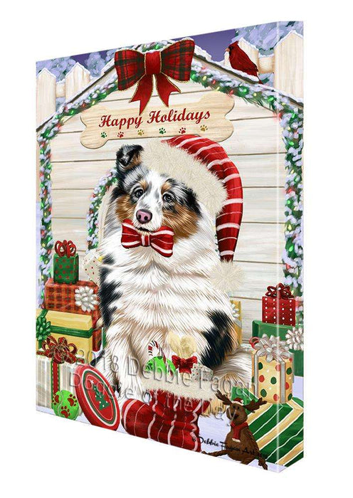 Happy Holidays Christmas Shetland Sheepdog House with Presents Canvas Print Wall Art Décor CVS80792