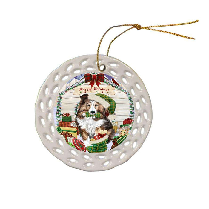 Happy Holidays Christmas Shetland Sheepdog House With Presents Ceramic Doily Ornament DPOR51500