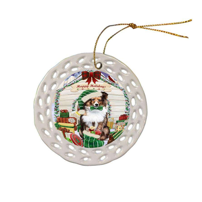 Happy Holidays Christmas Shetland Sheepdog House With Presents Ceramic Doily Ornament DPOR51501