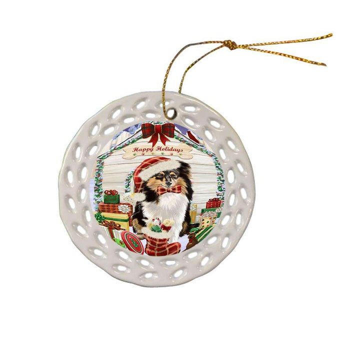 Happy Holidays Christmas Shetland Sheepdog House With Presents Ceramic Doily Ornament DPOR51502
